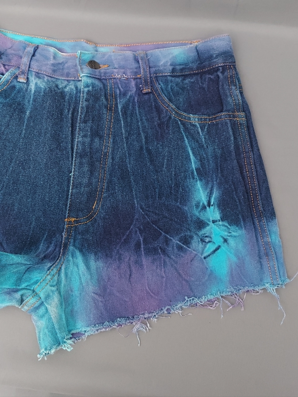 Vintage Danger Denim Shorts Size 13-14 Blue & Purple Tie Dye Jean Cutoffs - Picture 6 of 13